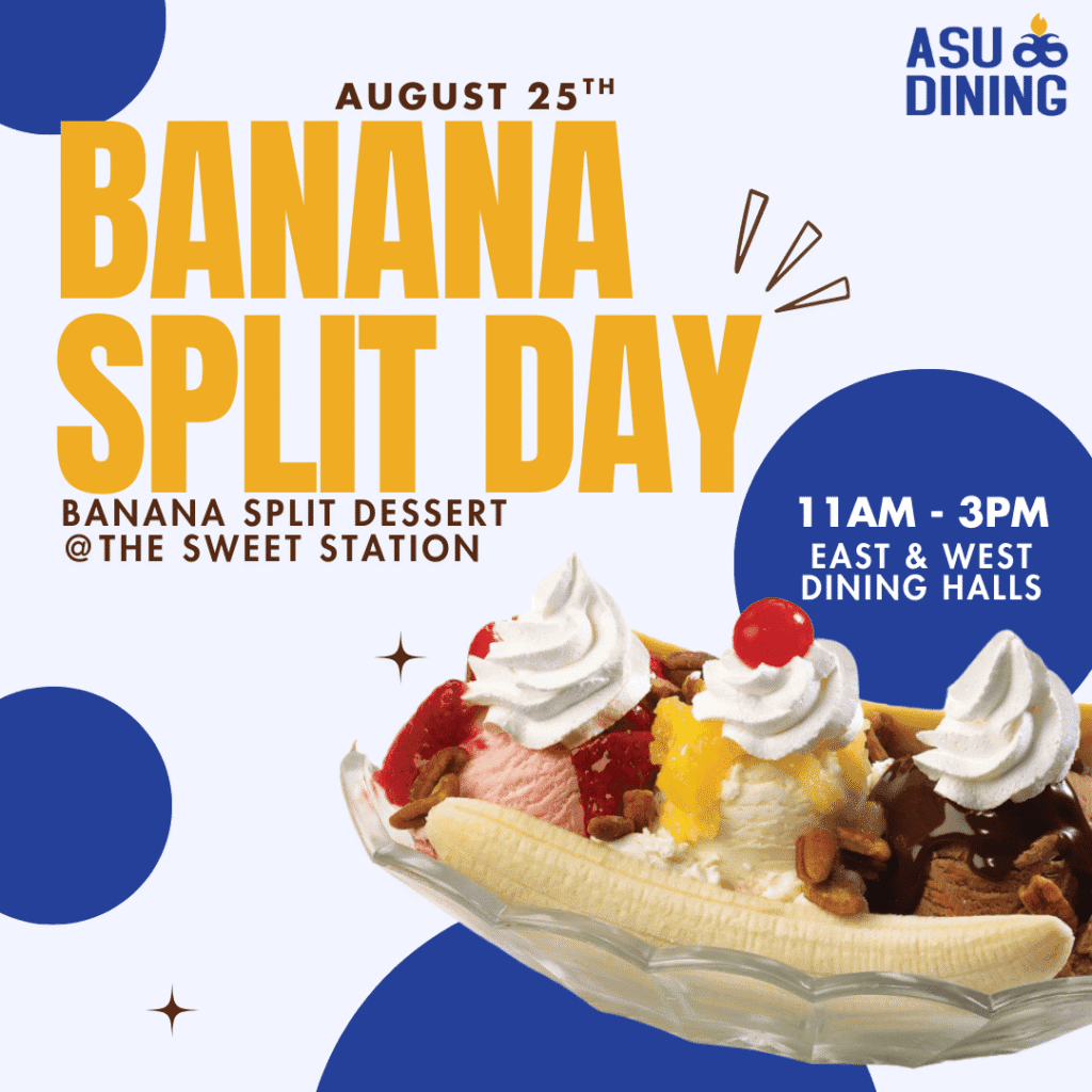 Large image of Banana Split in front of blue circles placed with text saying "Banana Split Day"
